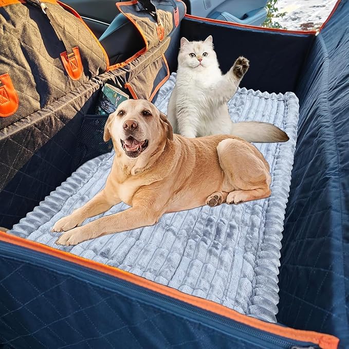 Backseat Dog Bed Mat for Car Seat Cover, Non-Slip Pet Bed Mat for Back Seat Extender, Furry Dog Couch Covers, Washable Travel Dogs Bed for Cars, SUVs, Sedans. (55" x 21.3") (Light Grey, M)