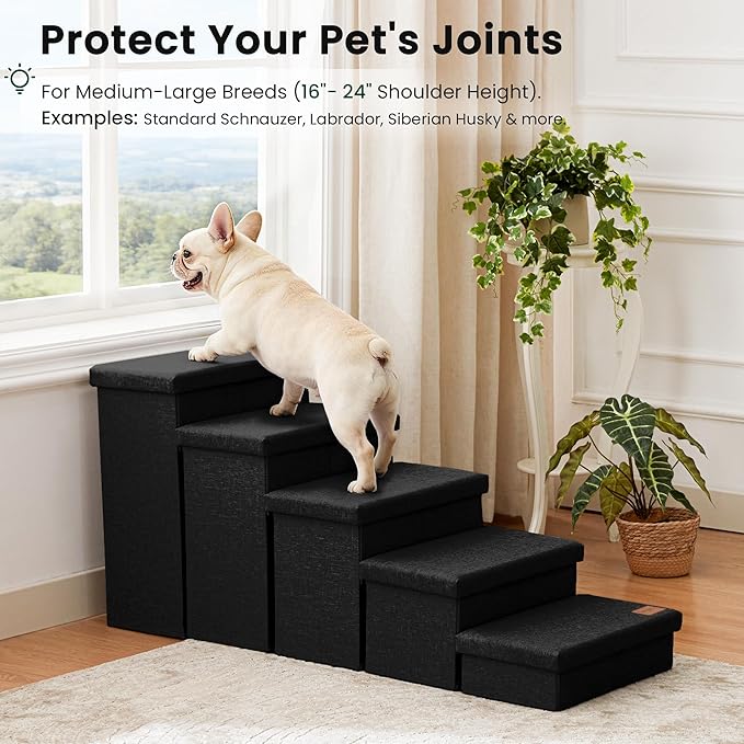 Love's cabin Dog Stairs for High Bed 22" H, Foldable Pet Stairs for Small Medium or Large Dogs Puppy with Storage for Bed or Couch, Cat Dog Steps Ramp with Zip up to 200 lbs, Black, 5 Steps