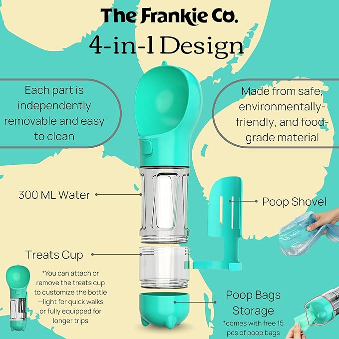 4 in 1 Dog Water Bottle, Leakproof Pet Water Dispenser with Bowl, Poop Bag Holder & Shovel, Dog Travel Accessories for Dogs and Cats, 10oz