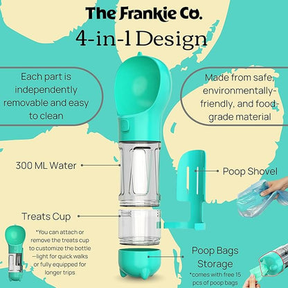 4 in 1 Dog Water Bottle, Leakproof Pet Water Dispenser with Bowl, Poop Bag Holder & Shovel, Dog Travel Accessories for Dogs and Cats, 10oz