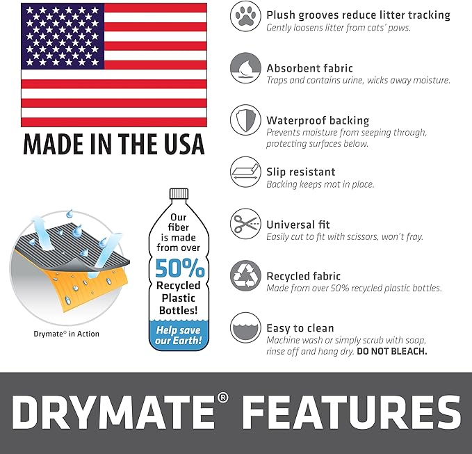 Drymate Cat Litter Box Mat, Litter Trapping Mat, Waterproof, Urine-Proof, Absorbent, Machine Washable, Soft on Paws, Contains Mess, Protects Floors, Kitten Supplies, Charcoal, 30x45 Jumbo XXL