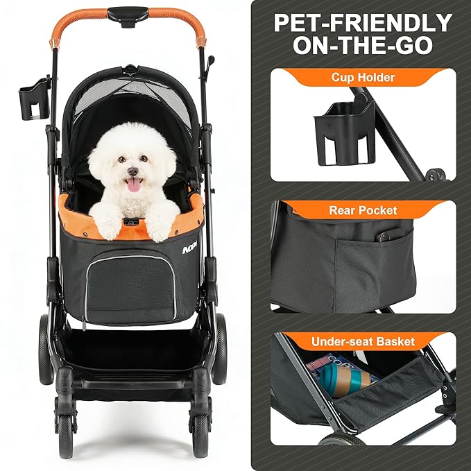 Pet Stroller for Small Dogs & Cats – Easy One-Hand Fold, Supports Up to 35 lbs – Black