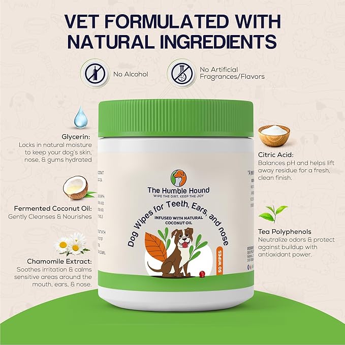 3-in-1 Dog Dental Wipes – Finger Wipes for Teeth, Ears & Snout Infused with Coconut Oil | Promotes Fresh Breath, Tartar Control & Daily Hygiene | Gentle Grooming Wipes for All Dogs – 50 Count