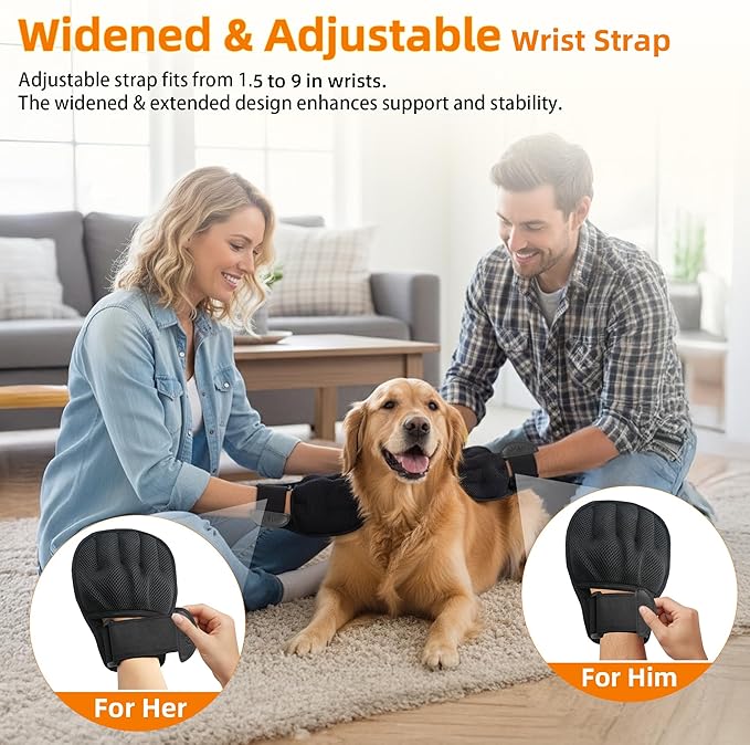 Pet Hair Removal Glove for Cats & Dogs, Patented Adjustable Strap, Reusable Five-Finger Grooming Glove with Secure Non-Slip Fit for Couch, Carpet, Clothing & Car Seat, 2 Pcs
