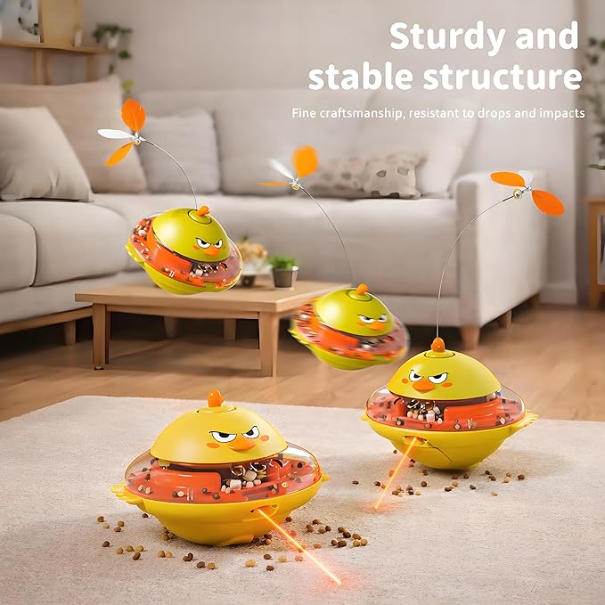 hooroor 4-in-1 Automatic Cat Toy, Interactive Laser & Feather Teaser with Bird Sounds & Treat Reward, Self-Balancing 360° Spinning Enrichment Exercise Toy for Bored Indoor Cats & Kittens