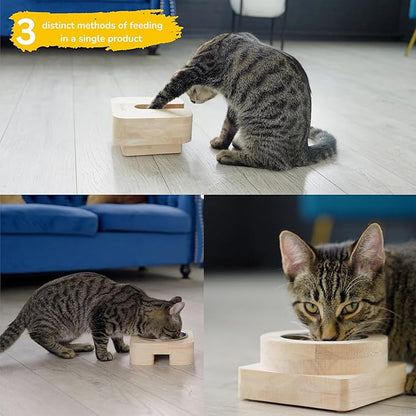 3 in 1 Cat Feeder Bowl, Interactive Cat Slow Feeder, Unique Wooden Non-Slip Pet Food and Water Bowl Dishes
