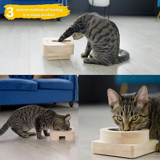 3 in 1 Cat Feeder Bowl, Interactive Cat Slow Feeder, Unique Wooden Non-Slip Pet Food and Water Bowl Dishes