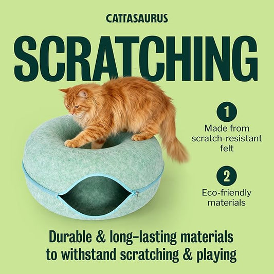Cattasaurus Peekaboo Cat Cave Donut for Multiple & Large Cats up to 30-45 lbs, 3-in-1 Self Warming Cat Bed, Tunnel & Scratcher for Indoor Cats, Washable & Detachable Small Dog Bed (Sage Mist, Large)