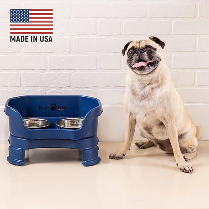 Neater Feeder Deluxe Mess-Proof Elevated Dog Bowls for Small Dogs (Up to 19 lbs), 2 Height Adjustable (6” & 7.5”) No-Spill Raised Dog Bowl Stand, Stainless Steel Food Bowl Set, Made in USA, Dark Blue