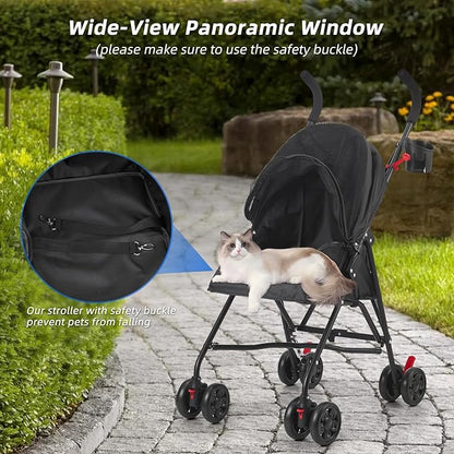 Pet Stroller Oxford Cloth Foldable Dog Strollers for Small Dogs and Cats Suitable for All Road Surfaces Wide-View Panoramic Window 4 Wheels with Brakes Portable Design, Easy to Store (Black)