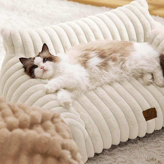 Bedsure ComfyFleece™ Cute Cat Couch for Pets - As Seen on TV on Good Day New York, Small Medium Dog Bed, Supportive Couch Bed for Small Dogs, 30 Inch, Cream