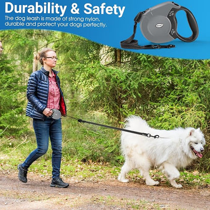 Retractable Dog Leash, 26 Ft Heavy Duty Pet Walking Leash for Small Medium Large Dogs up to 99lbs, Anti-Slip Handle, 360 ° No Tangle, Nylon Tape, One-Handed Brake (Grey)