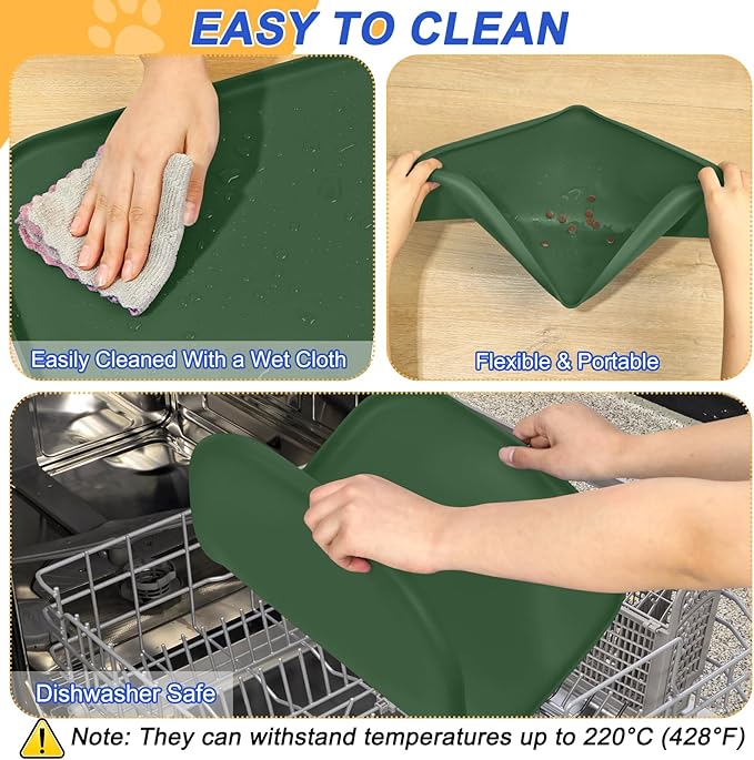 Silicone Pet Feeding Mat with Raised Edge for Food and Water, Dog Bowl Mats, Cat Bowls Placemat with High Lip for Floor Waterproof, Rubber Tray for Cats and Dogs 19 x 12 x0.7 Dark Olive