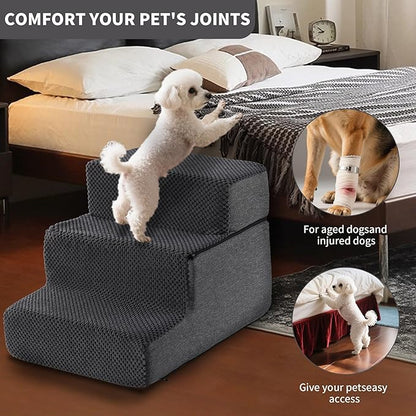 Dog Stairs for Small Dogs & Cats 13.5" H, 3-Step Non-Slip Dog Steps for Bed, Sofa and Chair, Pet Stairs with High Density Foam, Grey