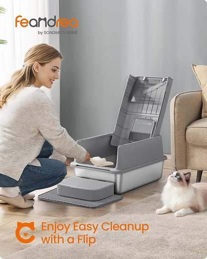 Feandrea Stainless Steel Cat Litter Box with Flip Lid, Litter Catcher Mat and Box, 2 Doors, Scoop, for Cats up to 33 lb, Dove Gray UPPT007GN01
