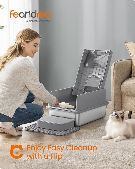 Feandrea Stainless Steel Cat Litter Box with Flip Lid, Litter Catcher Mat and Box, 2 Doors, Scoop, for Cats up to 33 lb, Dove Gray UPPT007GN01