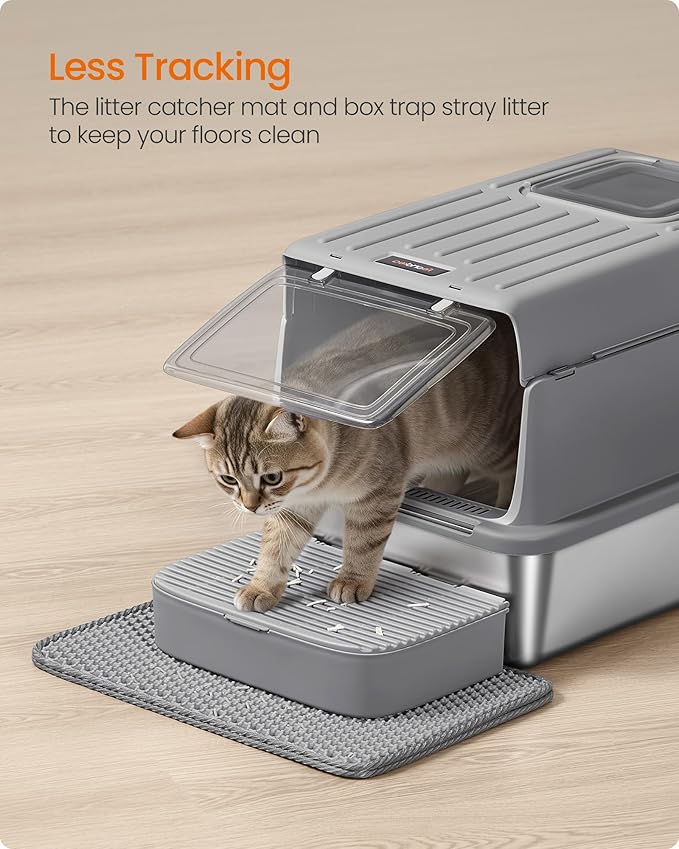 Feandrea Stainless Steel Cat Litter Box with Flip Lid, Litter Catcher Mat and Box, 2 Doors, Scoop, for Cats up to 33 lb, Dove Gray UPPT007GN01