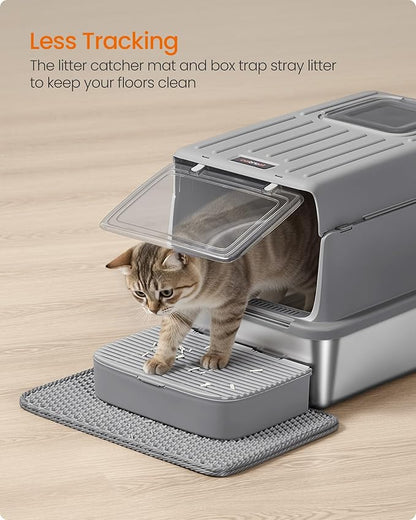 Feandrea Stainless Steel Cat Litter Box with Flip Lid, Litter Catcher Mat and Box, 2 Doors, Scoop, for Cats up to 33 lb, Dove Gray UPPT007GN01