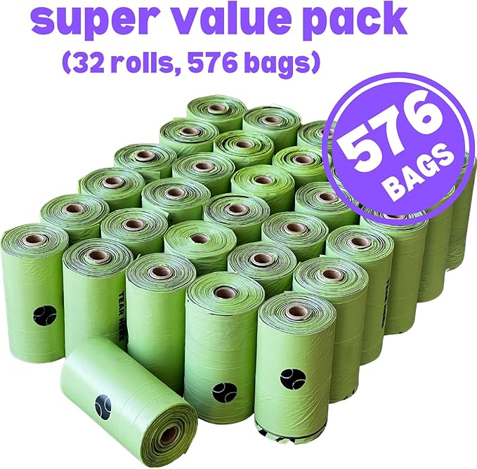 Biodegradable Doggy Poop Bags with Dispenser (576 Bags) Eco-friendly Dog Waste Pickup Bags Refill Rolls Cat Waste Bags (Green, 32 Rolls, Lavender Scented)