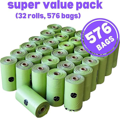 Biodegradable Doggy Poop Bags with Dispenser (576 Bags) Eco-friendly Dog Waste Pickup Bags Refill Rolls Cat Waste Bags (Green, 32 Rolls, Lavender Scented)