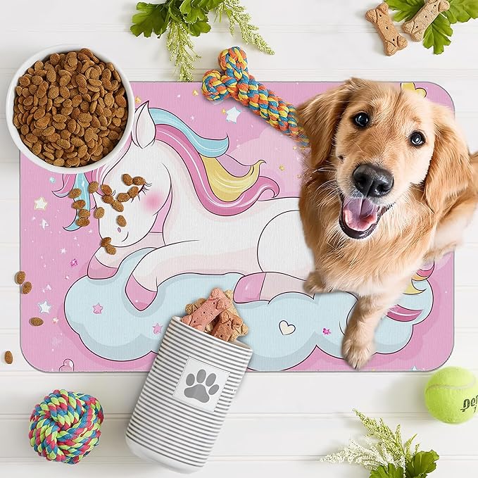 Cute Unicorn Dog Food Mat for Floors,Cloudy Pink Stars Absorbent Pet Food and Water Bowl Mats,Non-Slip Pet Feeding Mat,Pet Supplies 16" x 24"