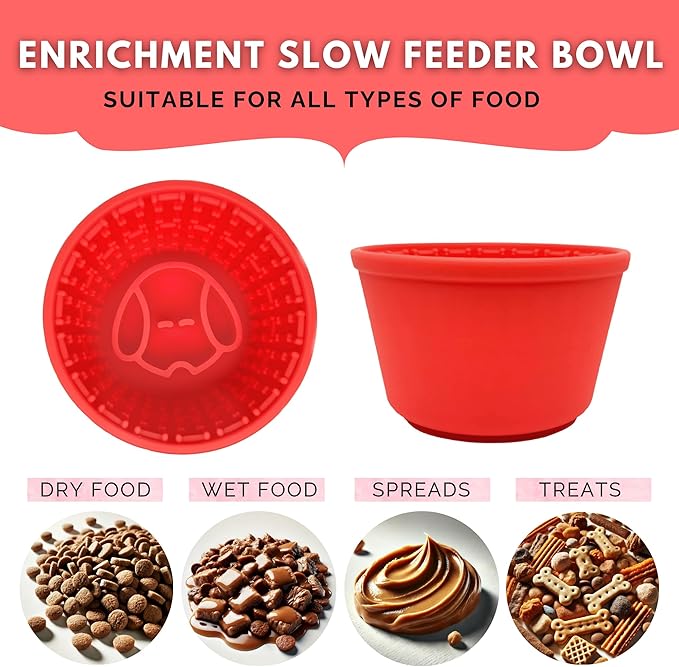 Silicone Enrichment Slow Feeder Dog Bowl for Medium & Large Dogs, Anti-Gulping Slow Eating Dog Bowl with Suction Base, Includes Brush & Spatula (Red)