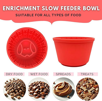 Silicone Enrichment Slow Feeder Dog Bowl for Medium & Large Dogs, Anti-Gulping Slow Eating Dog Bowl with Suction Base, Includes Brush & Spatula (Red)