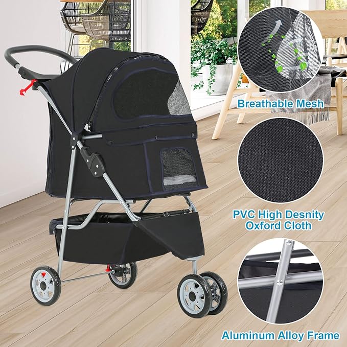 BestPet 3 Wheels Pet Dog Stroller Cat Cage Jogger Stroller Cats Travel Folding Carrier Waterproof with Cup Holder & Removable Liner,Black