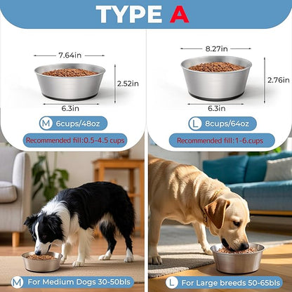 304 Stainless Steel Dog Bowls Set of 2, Anti Rust Metal & Non Slip Rubber Base, Heavy Duty Large Feeding Dishes, Food Grade BPA Free, Food and Water Bowl for Medium Dogs (48oz, 6cup)