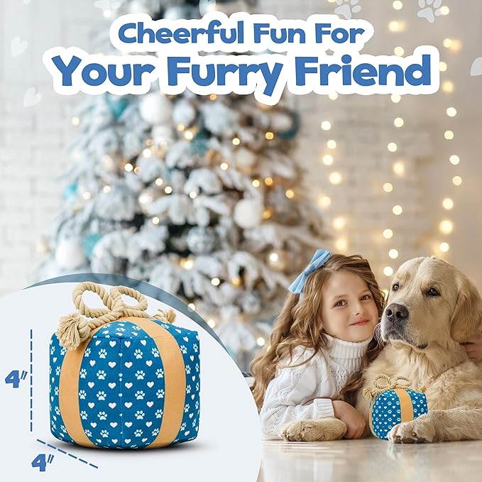 Gift Box Dog Birthday Toy – Cute Plush with Squeaker, Rope & Crinkle, Birthday Gift for Dogs