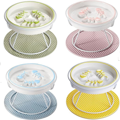 Raised Cat Dog Slow Feeder Bowl with Stand, Cat Slow Bowl for Wet Food and Dry Food, Stop Vomit and Choking, Slow Down Eating Speed, Ceramic Elevated Slow Cat Bowls, Whisker Friendly Pet Puzzle Feeder