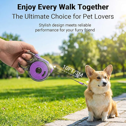 Retractable Dog Leash for Small Dogs, 10ft Retractable Leash for Puppies Up to 26 lbs, 360° Tangle-Free Heavy Duty Nylon Tape, One-Handed Brake Pause Lock, Reflective Strip for Safe Night Walking