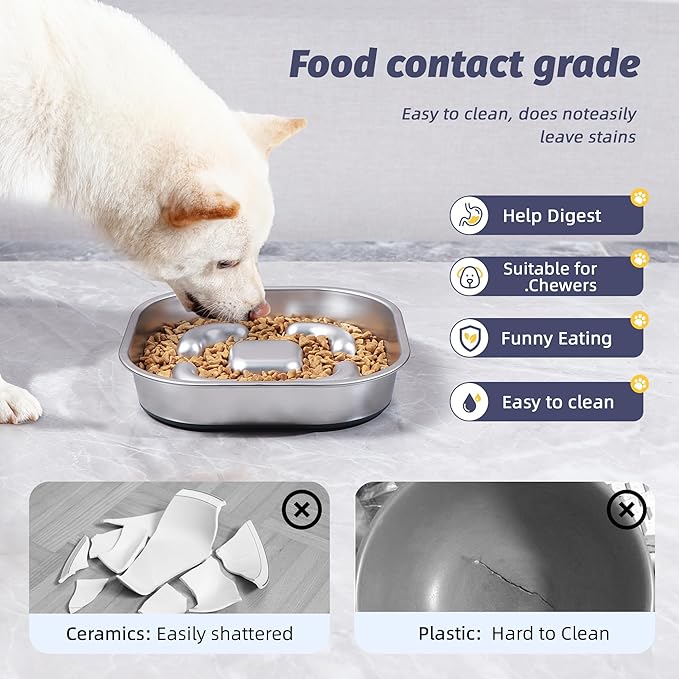 Nicelock Slow Feeder Dog Bowls 304 Stainless Steel 5 Cups, Large Capacity Dog Food Slow Feeding With Non-Slip Rubber Base, 2-in-1 Slow Feeder Metal Dog Bowl for All Breeds Size