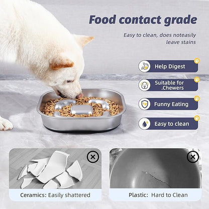 Nicelock Slow Feeder Dog Bowls 304 Stainless Steel 5 Cups, Large Capacity Dog Food Slow Feeding With Non-Slip Rubber Base, 2-in-1 Slow Feeder Metal Dog Bowl for All Breeds Size