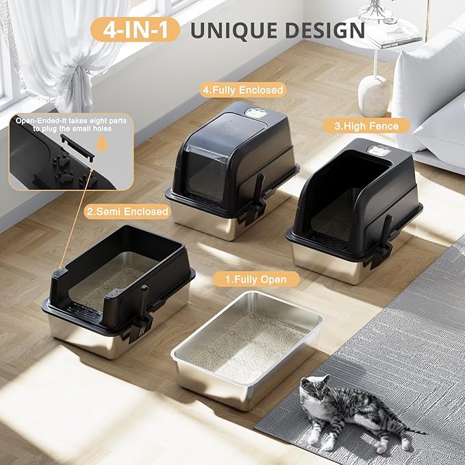 Stainless Steel Cat Litter Box Fully Enclosed, Extra Large Metal High Sided Cat Box with 120° Fully Transparent See-Through Flip Lid, Scoop & Mat - Black - XL