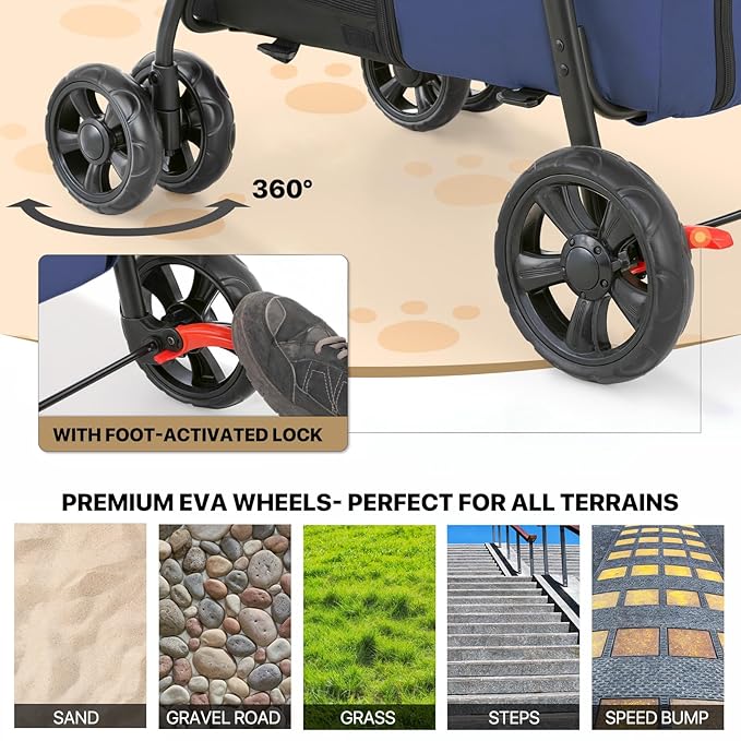 MoNiBloom Double Dog Stroller with Detachable Carrier Bags Large 4 Wheels Foldable Jogger for Small and Medium Dog Cats, Navy Blue/Yellow