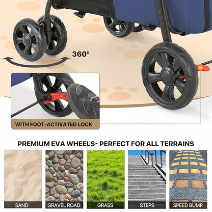 MoNiBloom Double Dog Stroller with Detachable Carrier Bags Large 4 Wheels Foldable Jogger for Small and Medium Dog Cats, Navy Blue/Yellow
