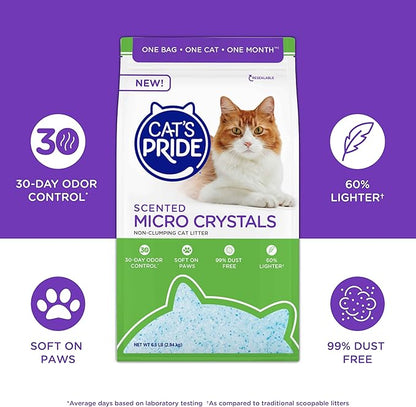 Cat’s Pride Micro Crystals Cat Litter, Non-Clumping, Scented, 30-Day Odor Control, 99% Dust Free, Lightweight, Soft on Paws, 6.5lb Bag