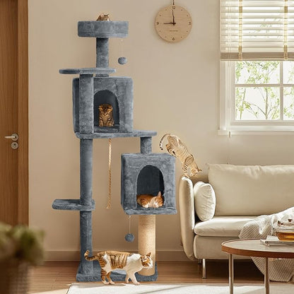 58in Large Cat Tree Tower for Indoor Cats with Soft Plush Hang Ball, Two Condos, Sisal Scratch Posts & Rope Play for Kittens/Adult Cats, Grey