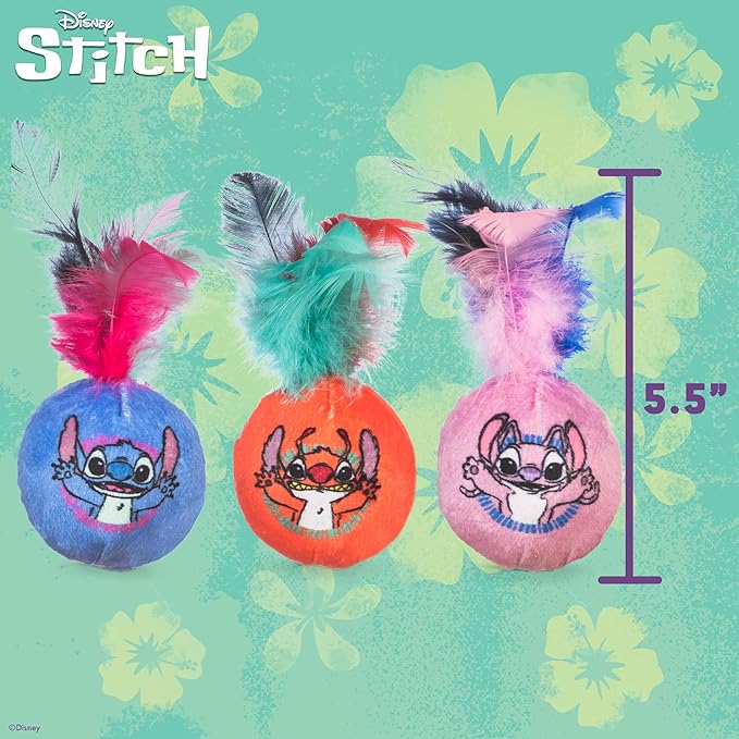 Disney for Pets Lilo and Stitch 3pk Feathered Jingle Balls Cat Toys with Catnip, Feather Teaser Ball Set for Cats, Cute Kitty Toy Fans
