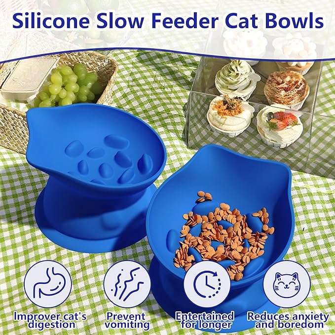 Slow Feed Cat Bowl, Elevated Cat Food Dish with Tilted Design, Dual-Use for Dry and Wet Food, Anti-Vomit, Anti-Choking, Easy to Clean