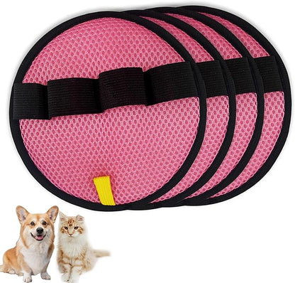4Pack Pet Hair Removal Glove for Cats and Dogs, Four-Finger Circular Design with Soft Lining and Hanging Loop, Reusable Pet Grooming Gloves for Clothing, Carpet, Car Seats (Pink)