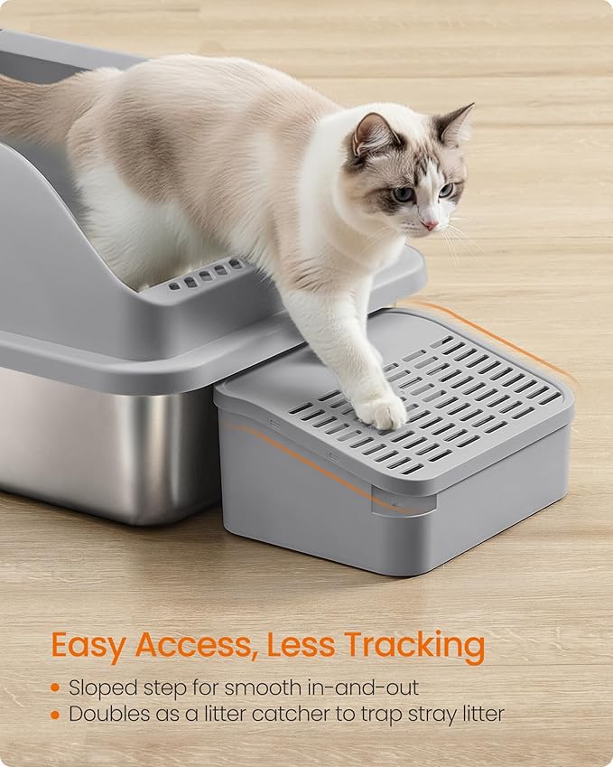 Feandrea Stainless Steel Cat Litter Box with Open Top, High Sided Litter Tray with Step, Scoop, Brush, for Cats up to 33 lb, Dove Gray UPPT008GN01