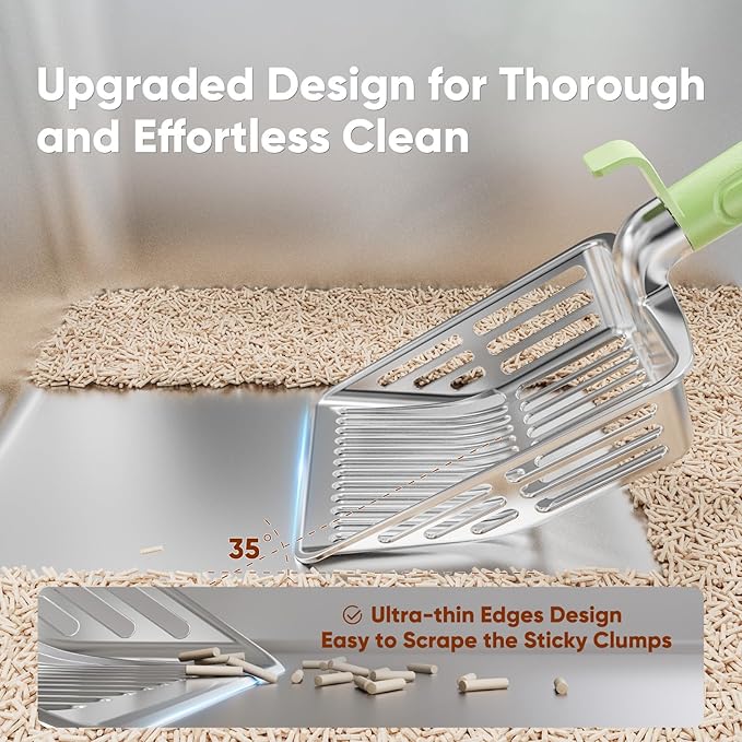 Metal Cat Litter Scoop, Large Cat Scooper with Deep Shovel & Dual Sifting Holes for Fast & Precise Sifting, Space Aluminum Kitty Litter Scooper with Long Handle & Easy-to-Hang Hook - Mint