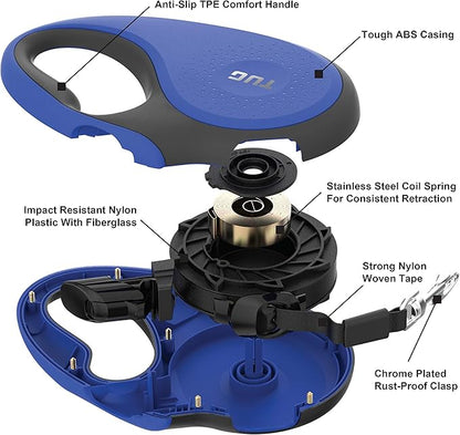 TUG 360° Tangle-Free Retractable Dog Leash with Anti-Slip Handle | 16 ft Strong Nylon Tape | One-Handed Brake, Pause, Lock (Medium, Blue)