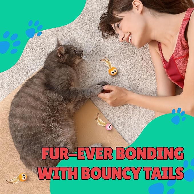 Bouncy Tails 3-Pack Cat Ball Toy with Natural Feathers, Interactive Cat Toys for Bored Indoor Adult Cats, Feather Cat Toy for Indoor Cats and Playful Kittens