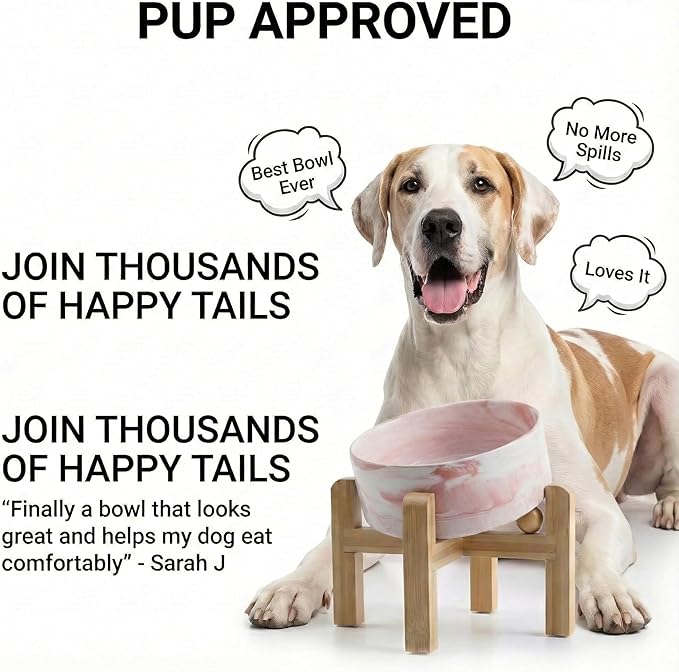 hjn Elevated Ceramic Dog Bowl 15°Slanted Raised Dog Bowl with Bamboo Stand for Small Medium Dogs and Cats, Pet Feeder -7.6-Cup (1800ml)-Marble Pink