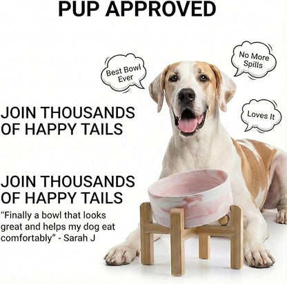 hjn Elevated Ceramic Dog Bowl 15°Slanted Raised Dog Bowl with Bamboo Stand for Small Medium Dogs and Cats, Pet Feeder -7.6-Cup (1800ml)-Marble Pink