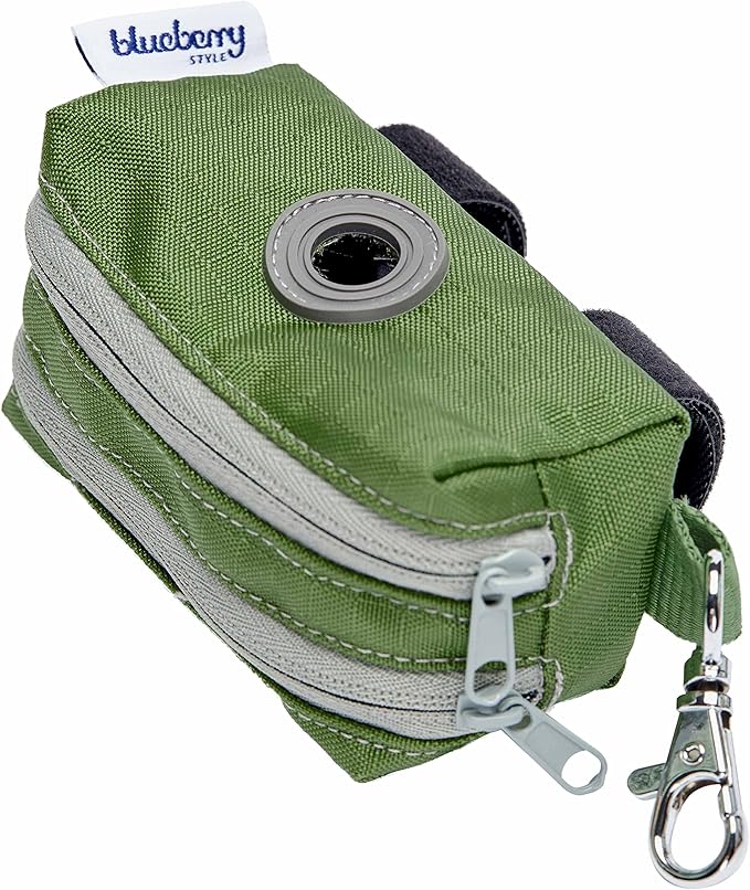 Blueberry Style Forest Green Dog Waste Bag Dispenser, Solid Color Trash Bag Dispenser with 2 Auto Locking Zipper, Dog Poop Bag Holder Leash Attachment, Includes 1 Roll of Free Poop Bags