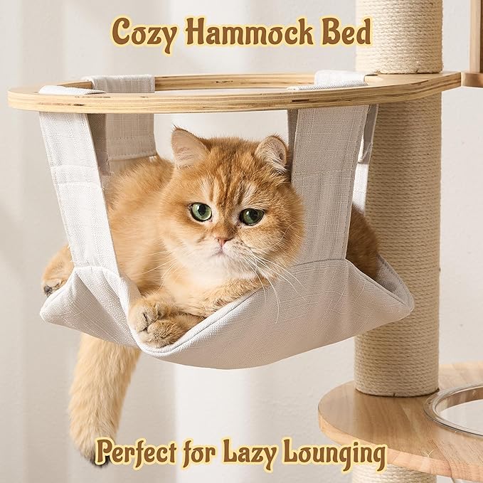 Modern Cat Tree Tower with Scratching Post, 61.5in Tall Cat Tree for Indoor Cats, Multi-Level Solid Wood Cat Furniture with Cozy Cat Beds, Condo, Hammock, Capsule Nest, Turntable Toy, Natural